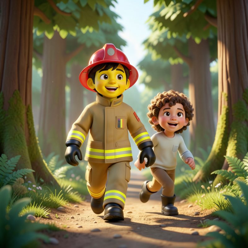 Cover of Marlowe's Woodland Den Adventure showing a child in firefighter kit running along a woodland path with a friend