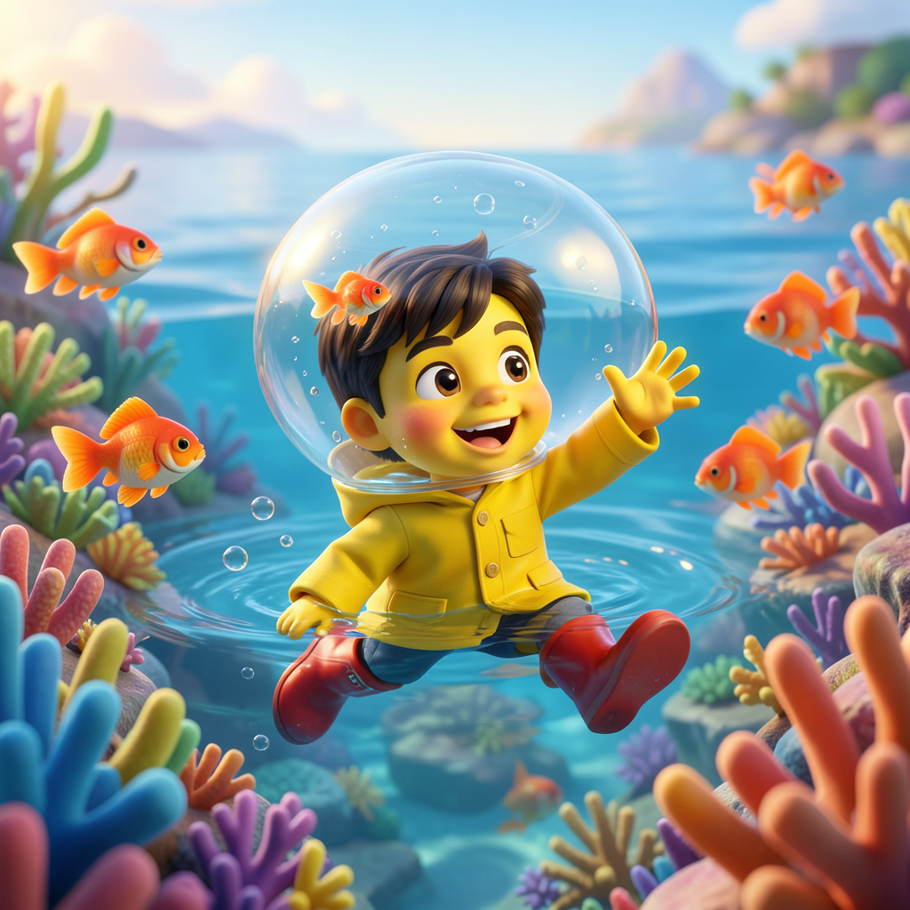 Illustration of a child in a yellow raincoat and red wellies inside a clear bubble helmet, floating above a colourful coral reef with goldfish